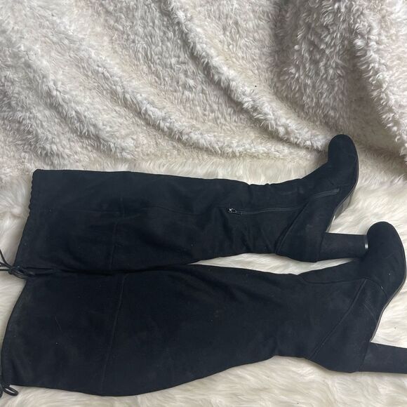 Ashley Stuart Fabric suede Black over the knee wide calf block heels boots SZ12W - Picture 2 of 9